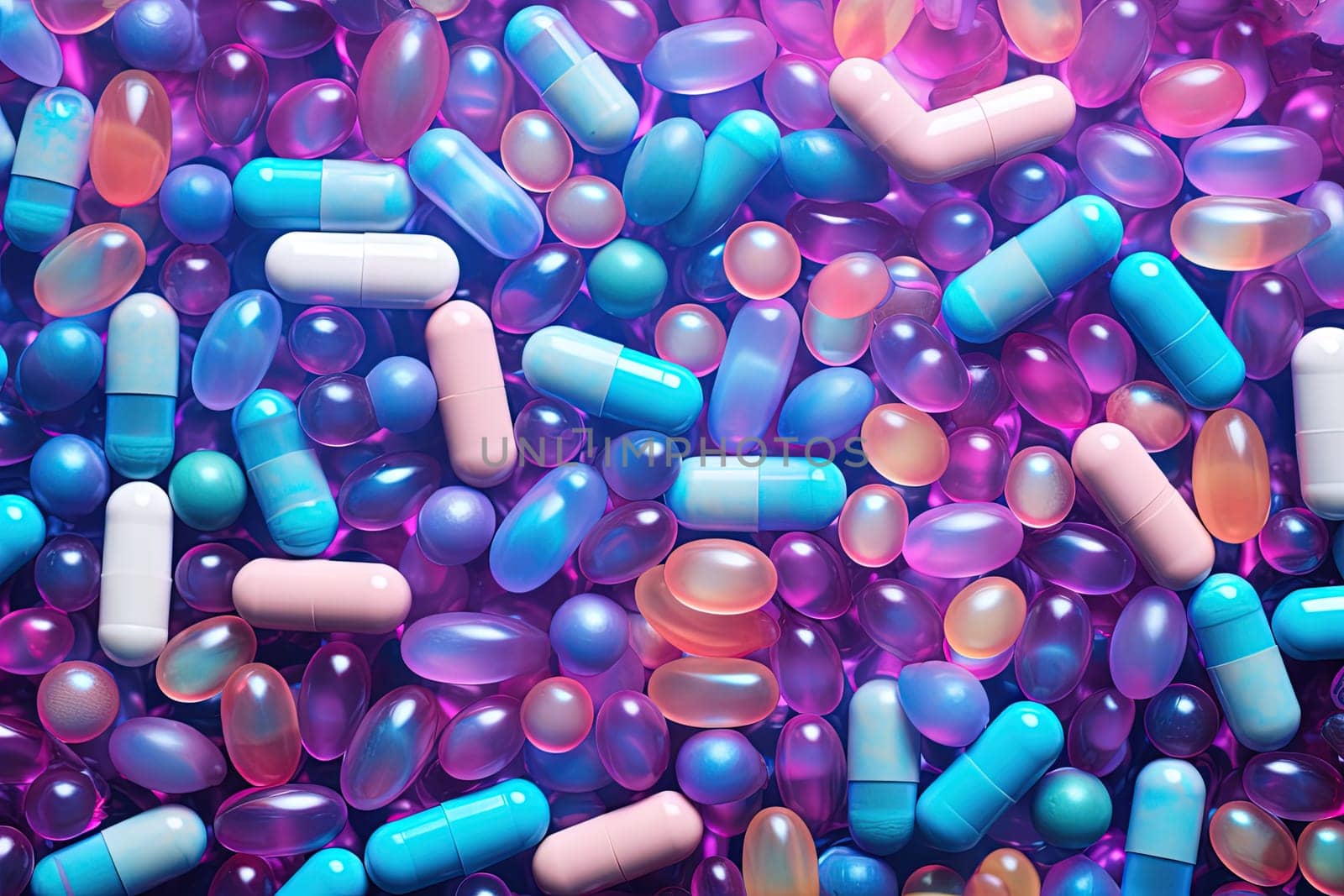 Background with pills and capsules in neon blue and purple colors. Medical drug or dietary supplement concept. Generated AI