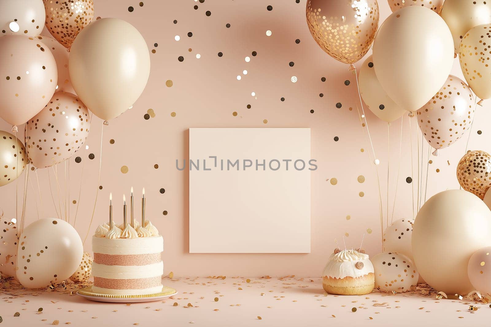 Happy birthday greeting card mockup party background with cake, balloons and confetti. 3D Rend