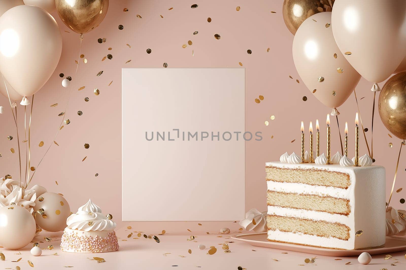 Happy birthday greeting card mockup party background with cake, balloons and confetti. 3D Rend