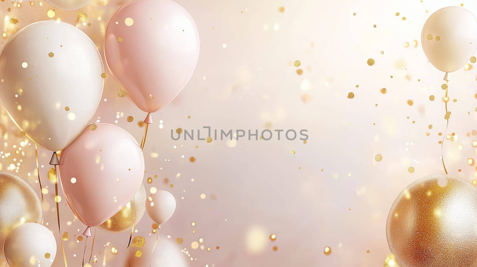Festive Birthday background with balloons and confetti, copy space for te