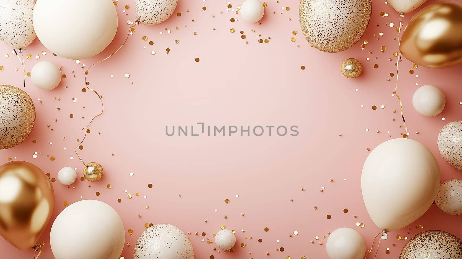 Festive Birthday background with balloons and confetti, copy space for te