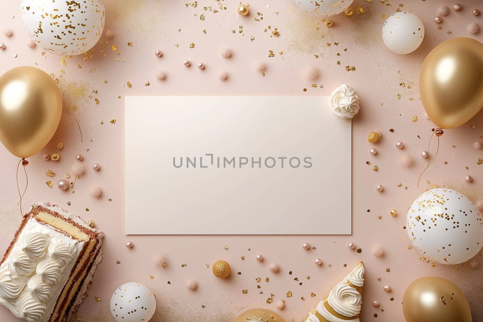 Happy birthday greeting card mockup party background with cake, balloons and confetti. 3D Rend