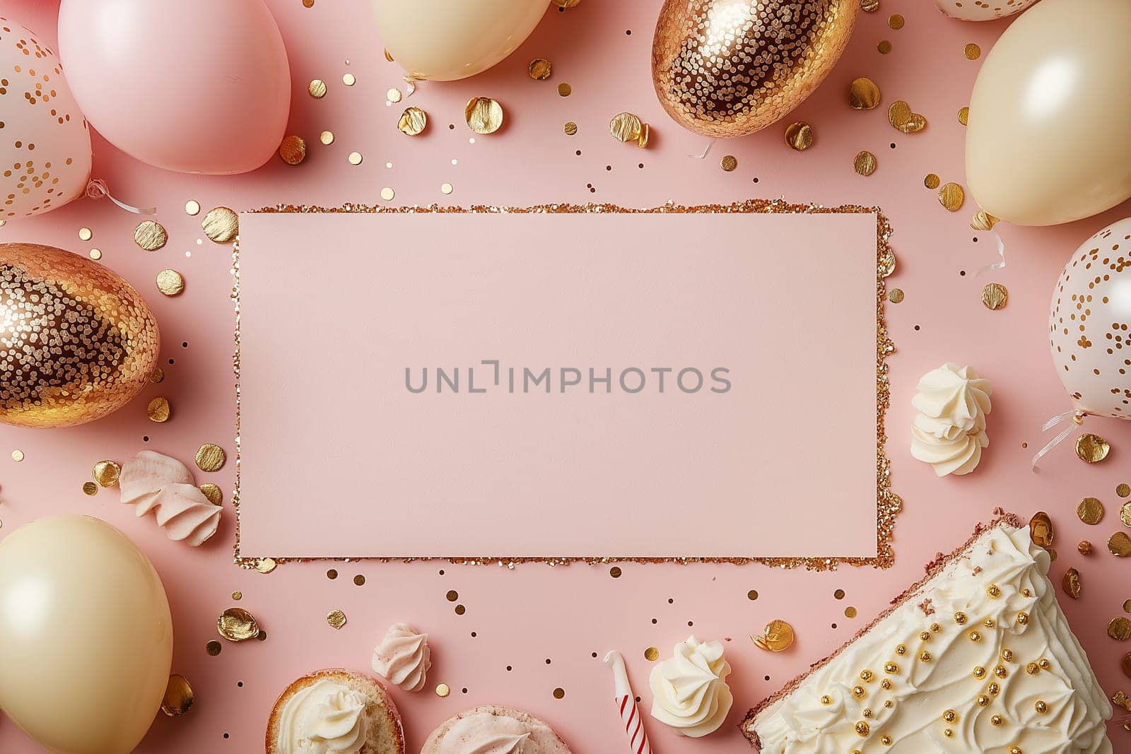 Happy birthday greeting card mockup party background with cake, balloons and confetti. 3D Rend