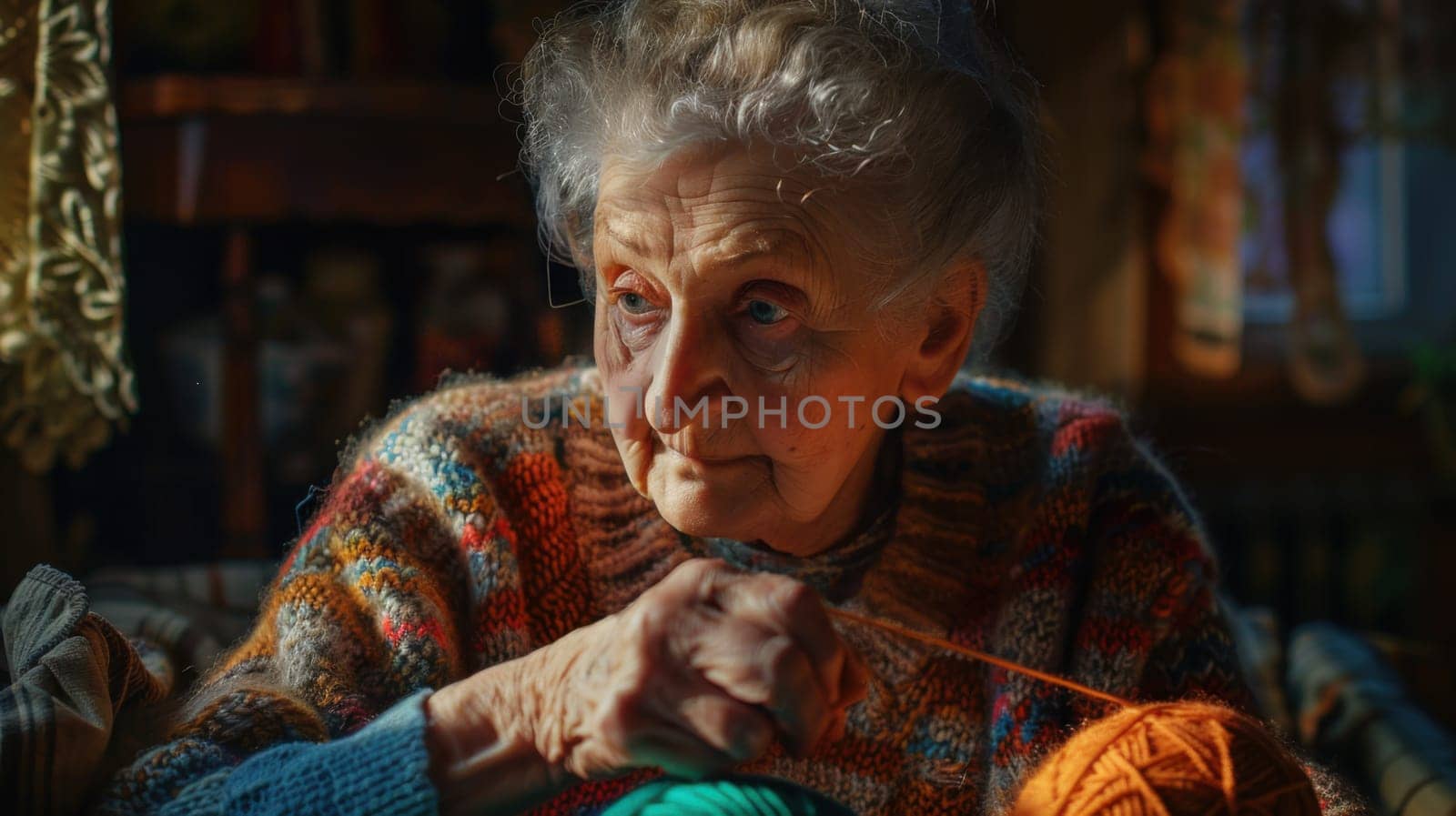 Grandma untangling a ball of yarn, creating a visually appealing display