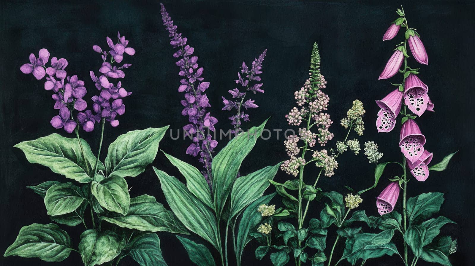 Detailed botanical watercolor illustration on dark