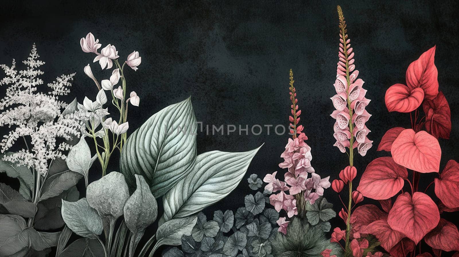 Detailed botanical watercolor illustration on dark