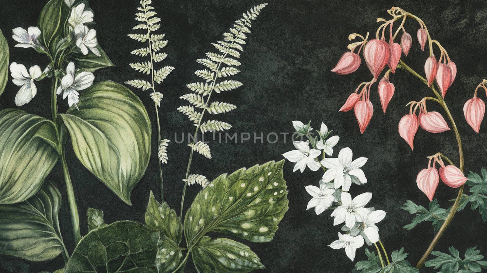 Detailed botanical watercolor illustration on dark