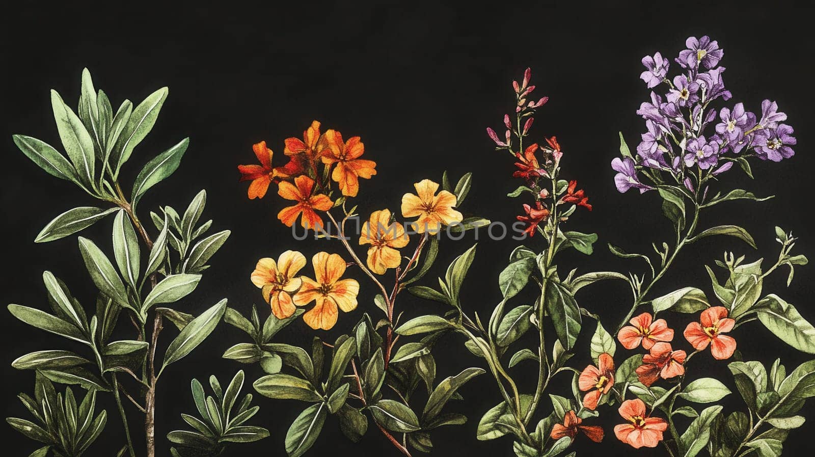 Detailed botanical watercolor illustration on dark