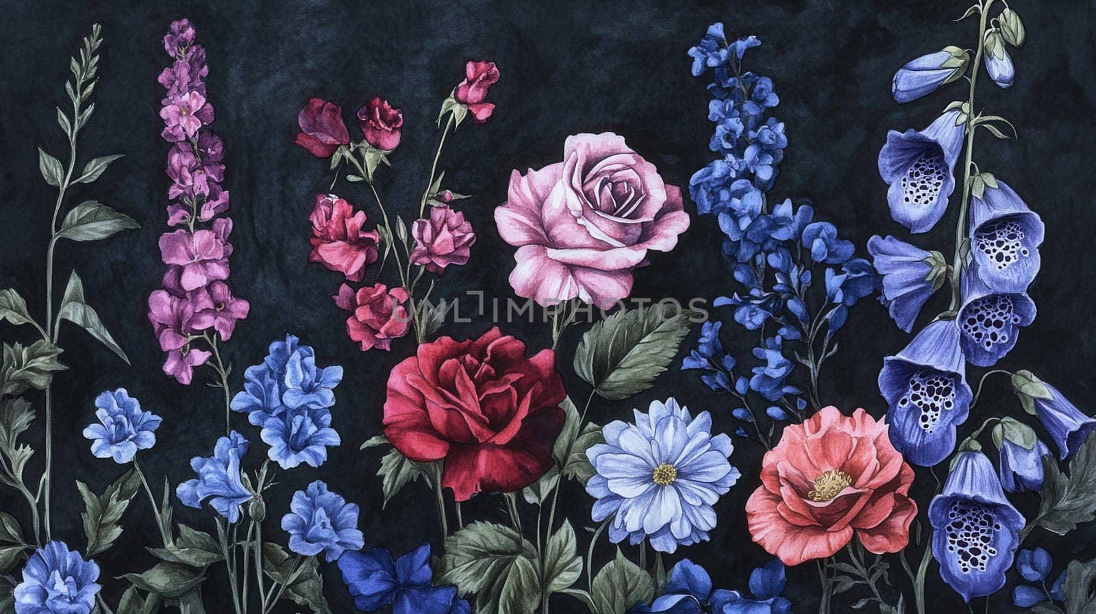 Detailed botanical watercolor illustration on dark