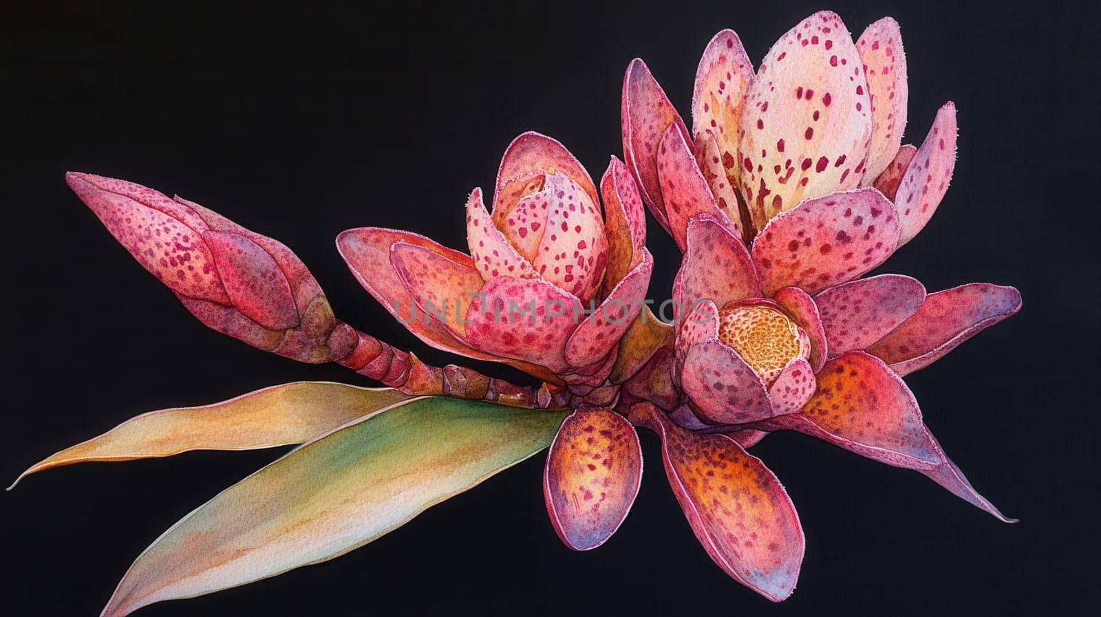 Detailed botanical drawing of tropical flower on black