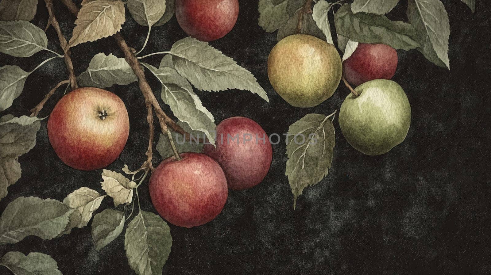 Detailed fruits watercolor illustration on dark
