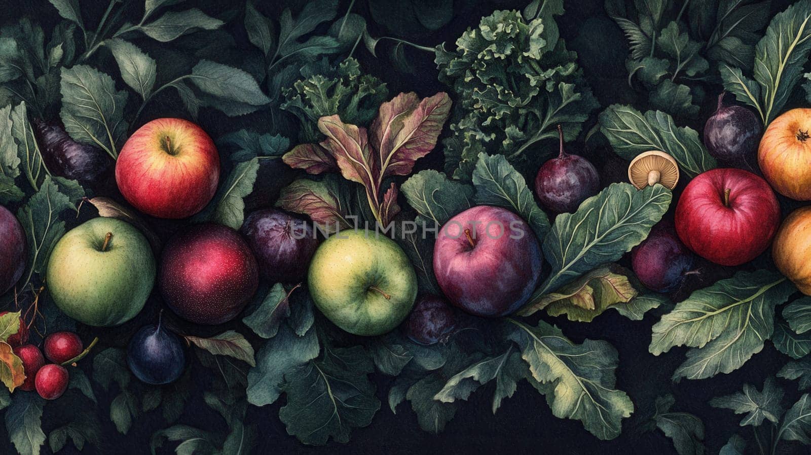 Detailed fruits watercolor illustration on dark