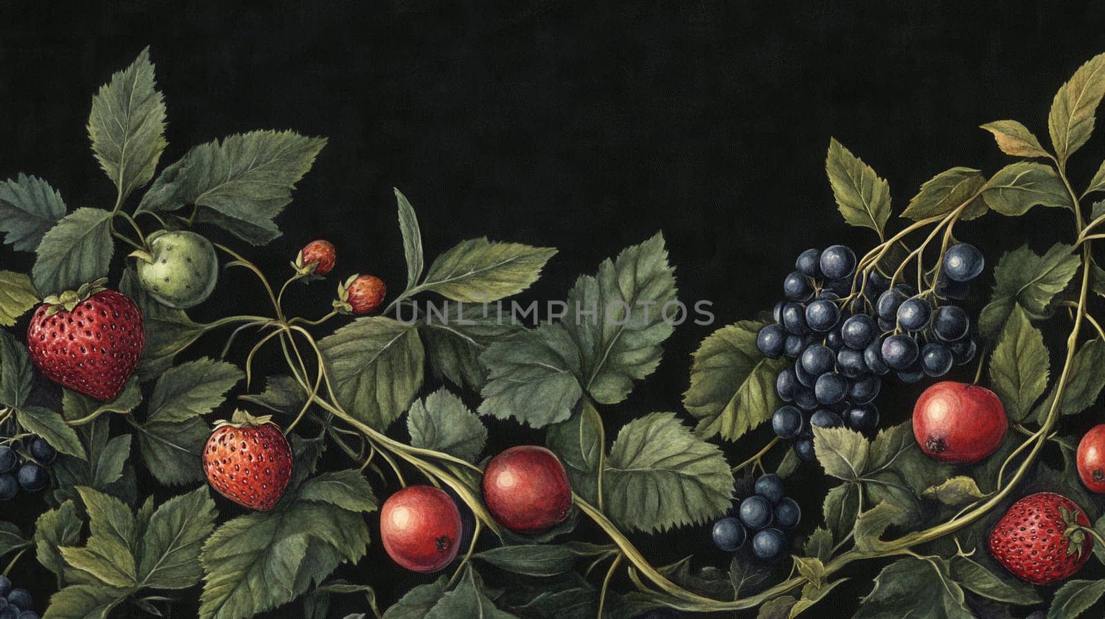 Detailed botanical drawing showcasing berries on dark background