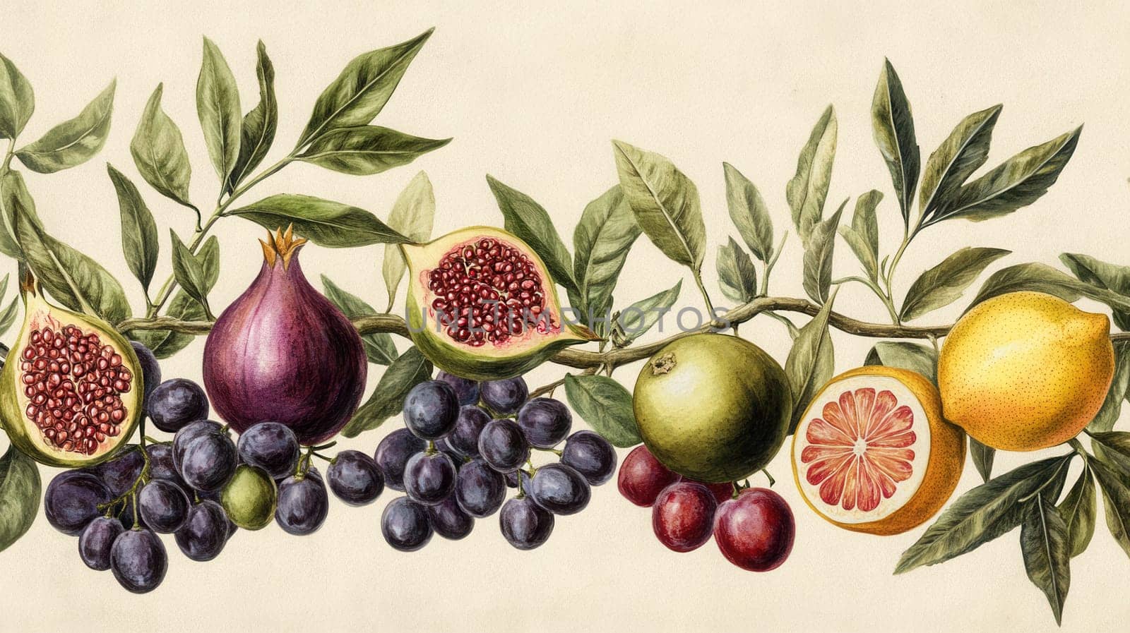 Detailed exotic fruits watercolor illustration on light