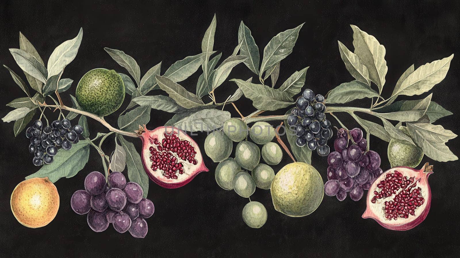 Detailed exotic fruits watercolor illustration on dark