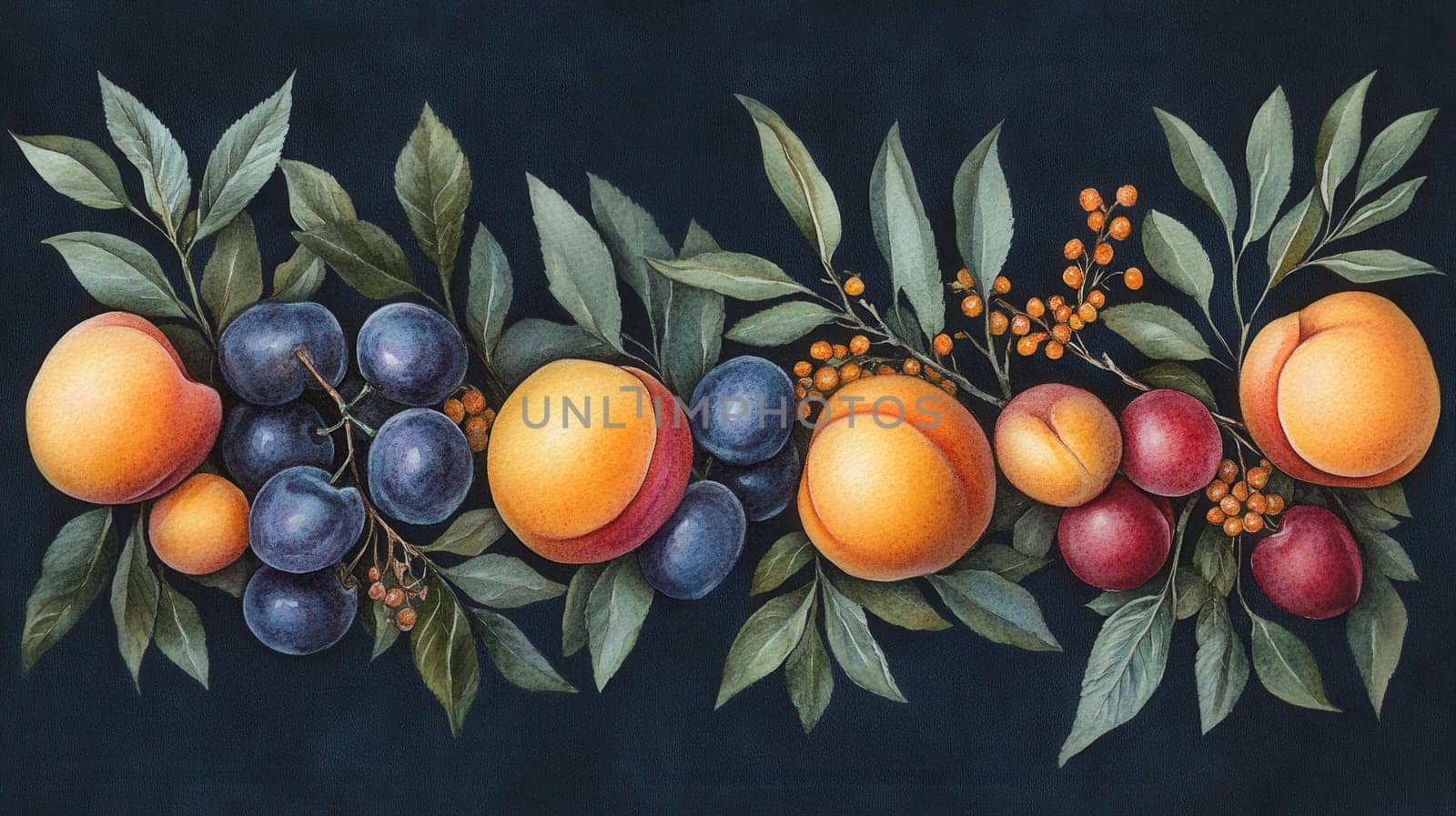 Detailed botanical drawing showcasing different fruits on dark