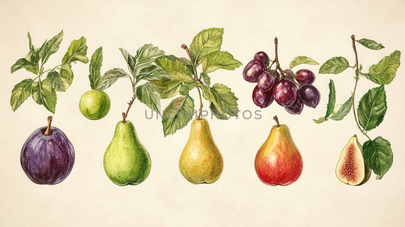 Detailed botanical drawing showcasing different fruits on light