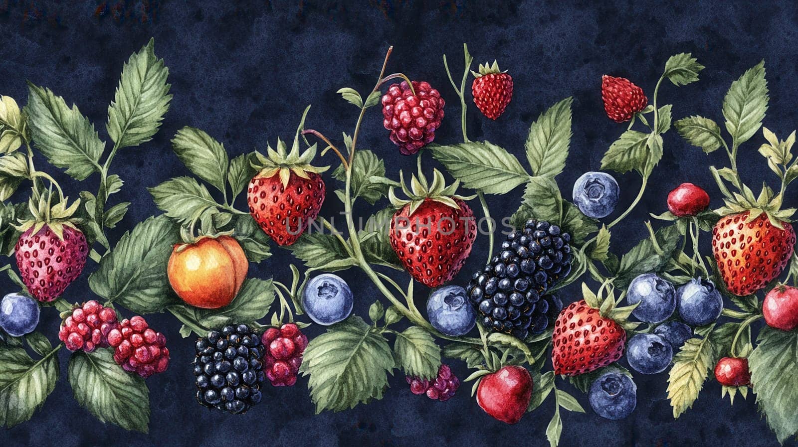 Detailed watercolor illustration of berries on dark