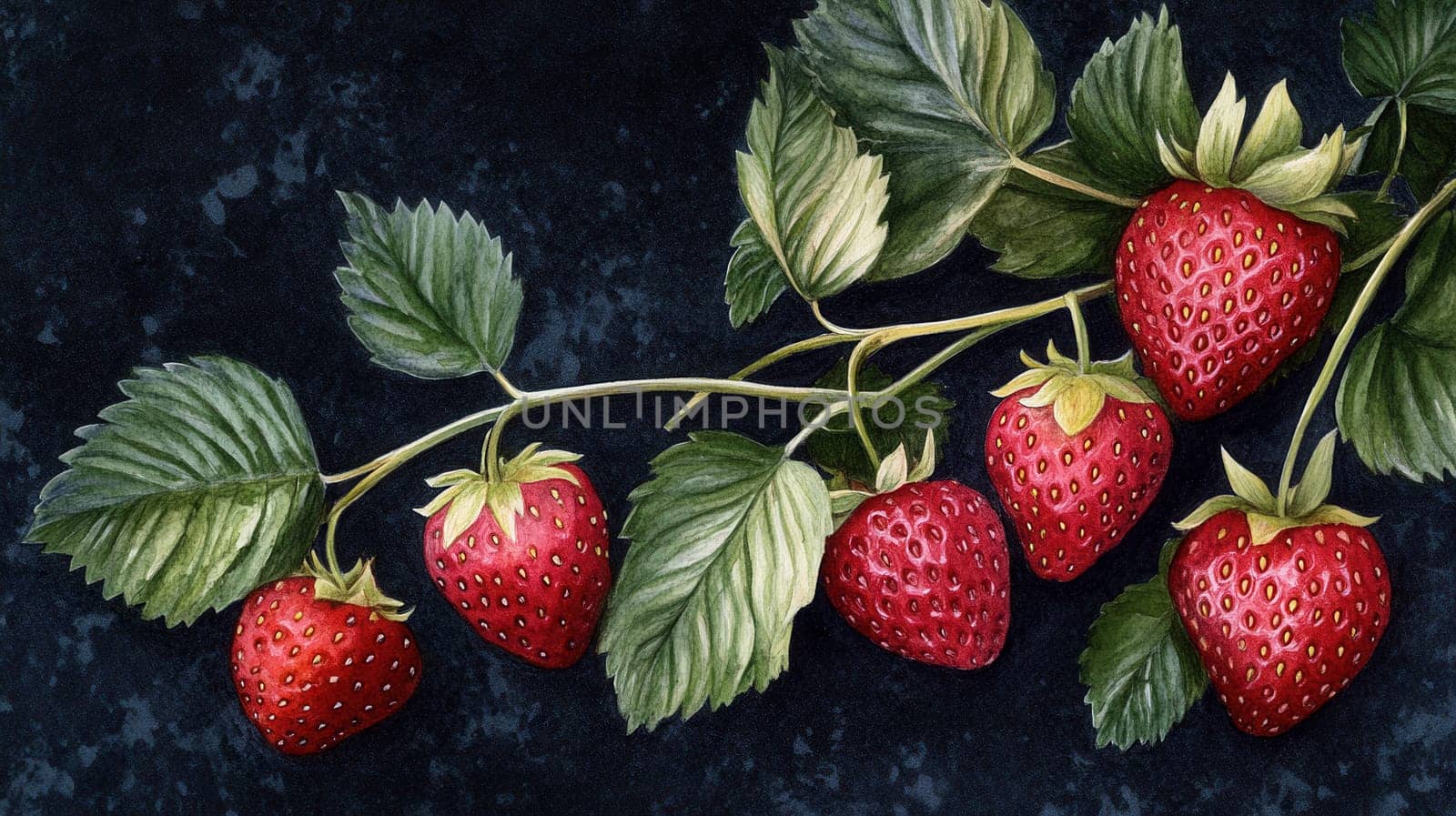 Detailed watercolor illustration of berries on dark