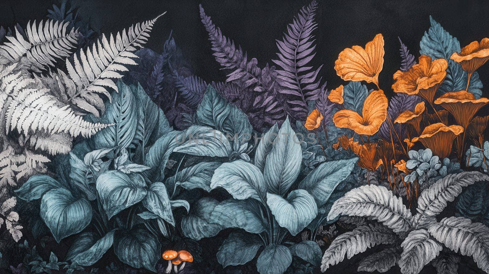 Detailed botanical illustration with plants and mushrooms on dark