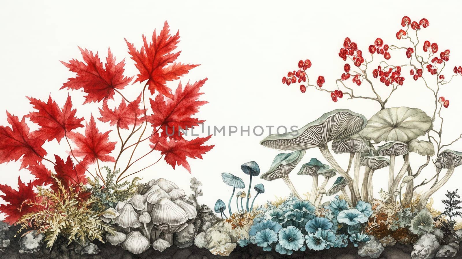 Detailed botanical illustration with plants and mushrooms on light