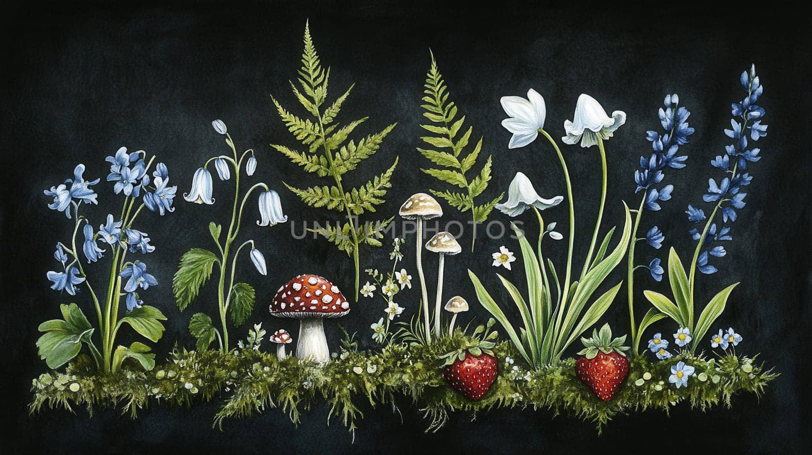 Detailed botanical illustration with plants and mushrooms on dark