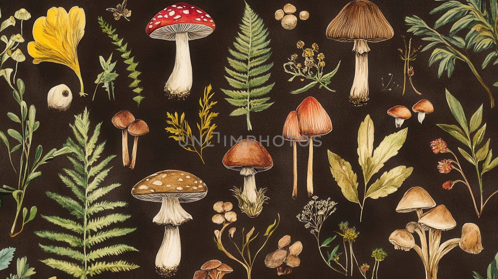 Detailed botanical illustration with plants and mushrooms on dark