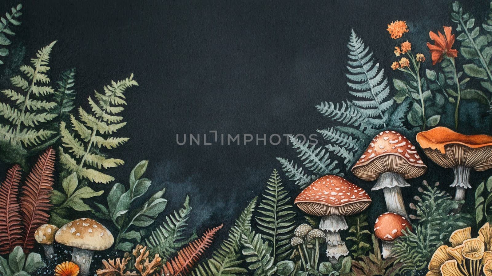 Detailed botanical illustration with plants and mushrooms on dark