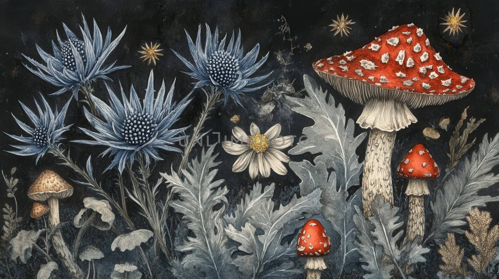 Detailed botanical illustration with plants and mushrooms on dark