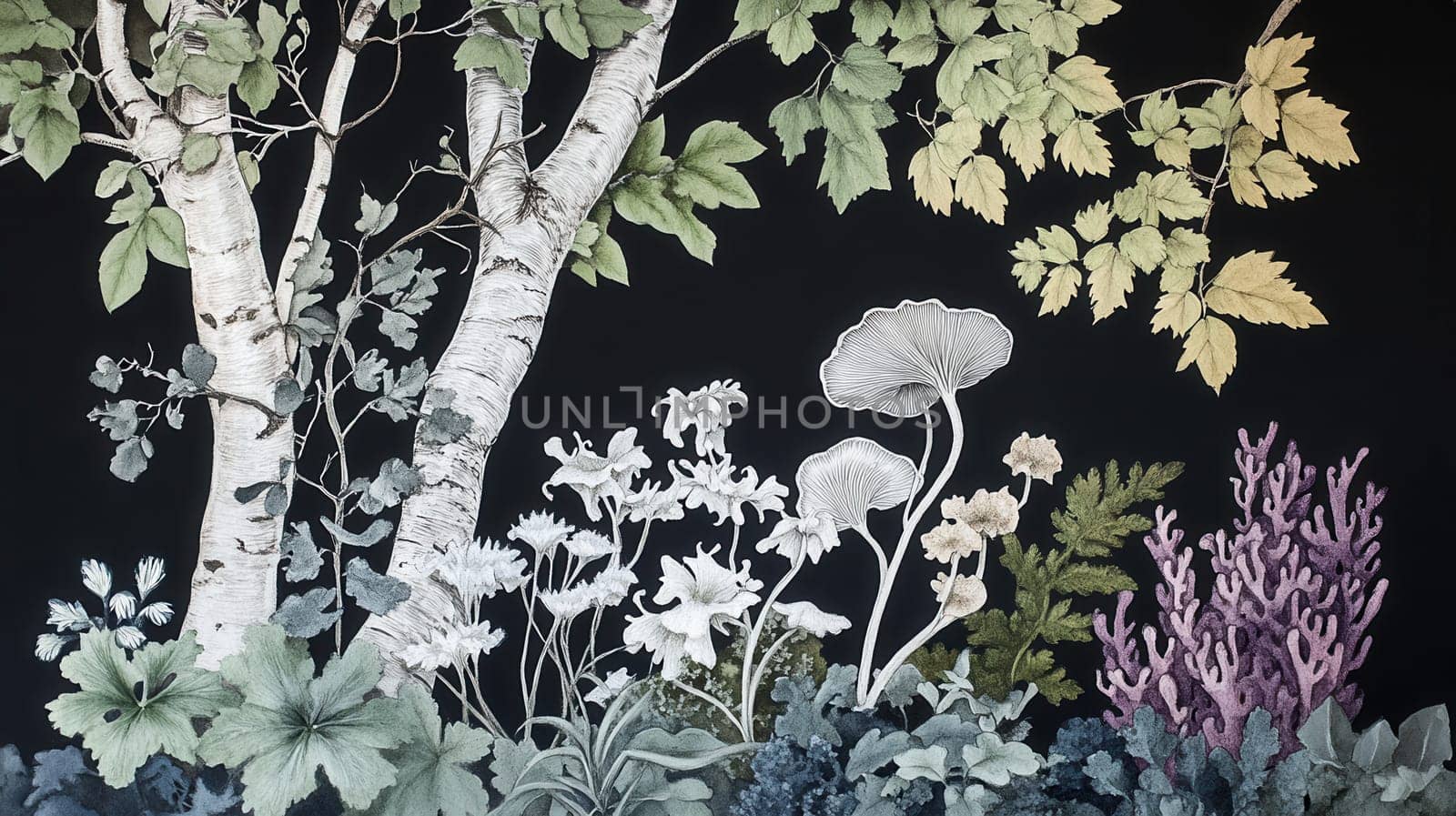 Detailed botanical illustration with plants and mushrooms on dark