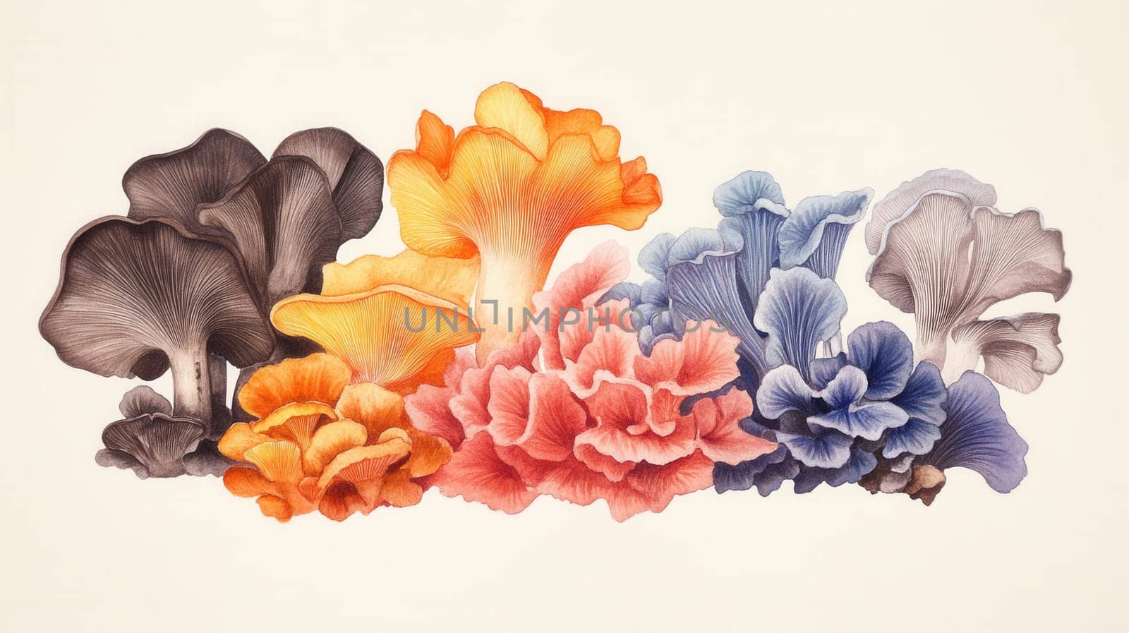 Detailed botanical drawing showcasing different mushrooms on light