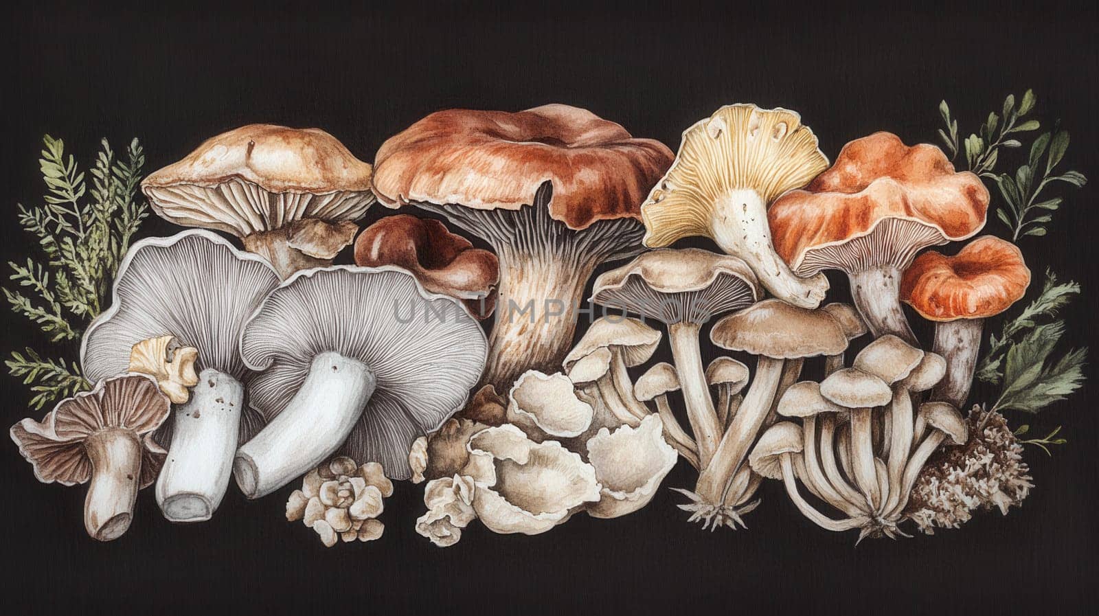 Detailed botanical drawing showcasing different mushrooms on dark