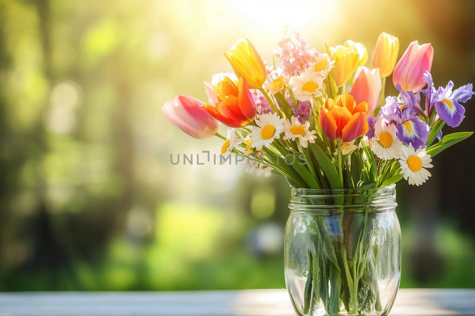 A beautiful arrangement features colorful tulips, irises, and daisies in a glass jar, glowing in the warm sunlight.