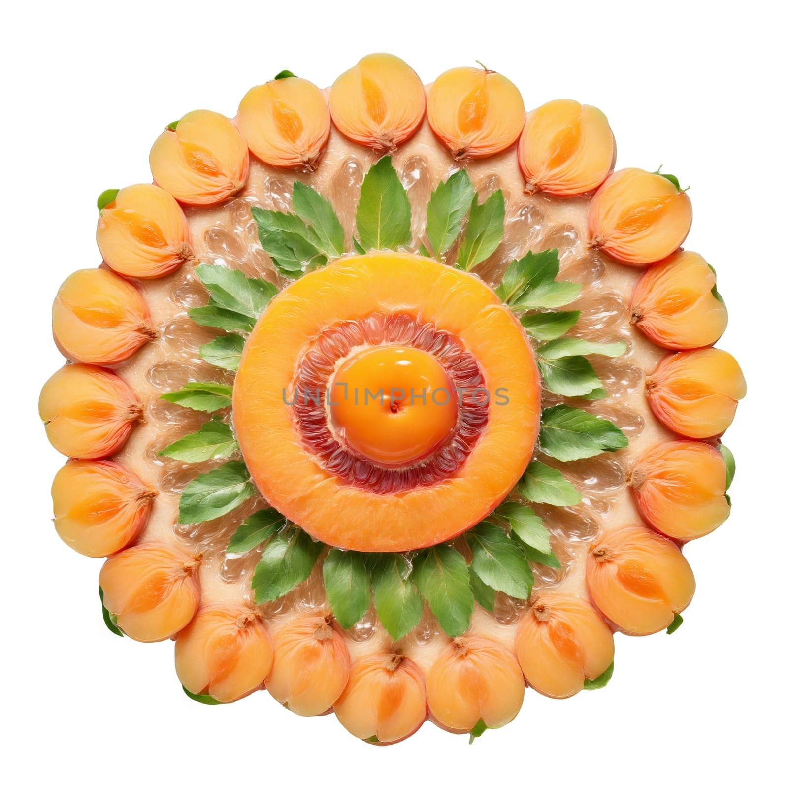 Apricot mandala a fuzzy circular pattern of apricots with leaves tossing and steam rising. Food isolated on transparent background.