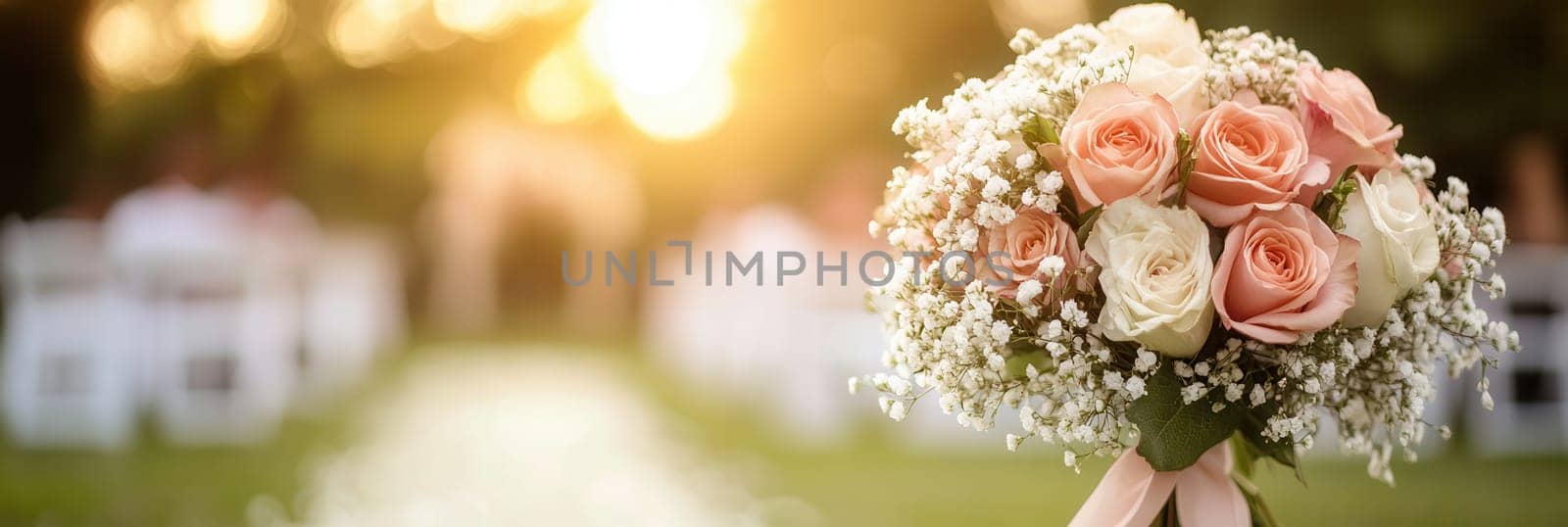 A beautiful bridal bouquet featuring pastel roses and delicate lilies rests elegantly as the sun sets over the outdoor ceremony.