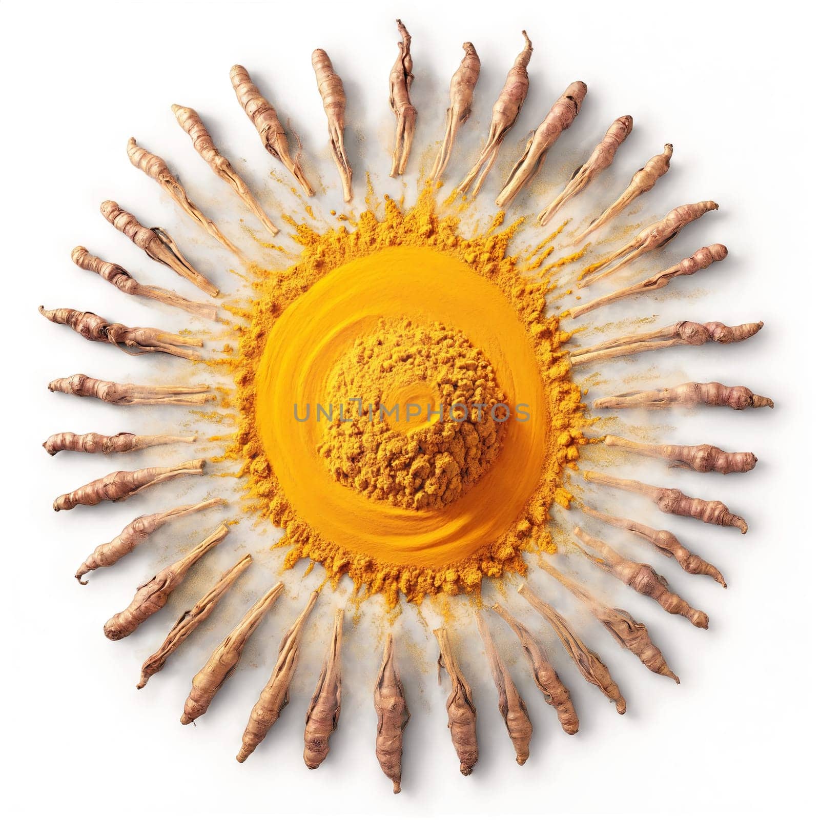 Turmeric mandala a vibrant mandala of turmeric powder with steam rising and roots twirling. Food isolated on transparent background.