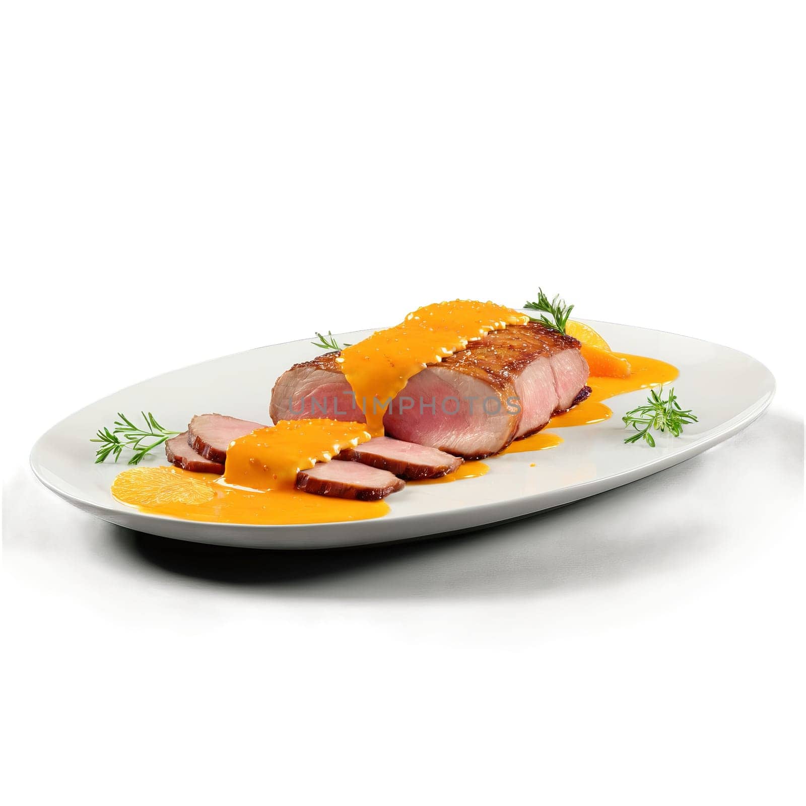 Duck breast crispy skin scored orange sauce dots splashing Food and Culinary concept. Food isolated on transparent background.