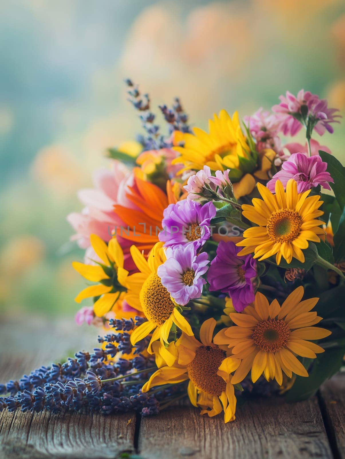 A colorful arrangement of wildflowers brings joy with bright sunflowers, delicate lavender, and cheerful daisies under natural sunlight.