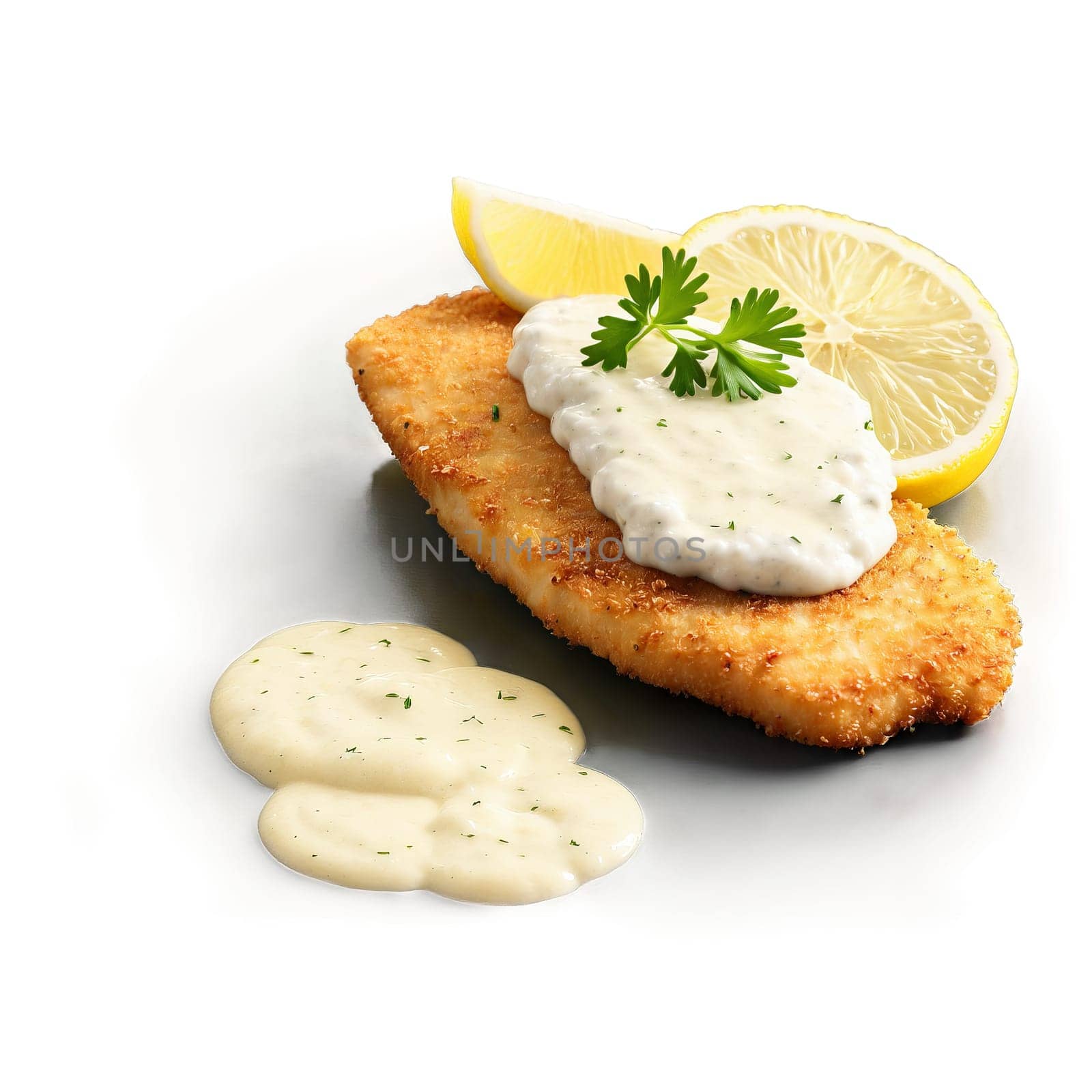 Perch fillet lightly breaded and pan fried served with a side of tartar sauce and. Food isolated on transparent background