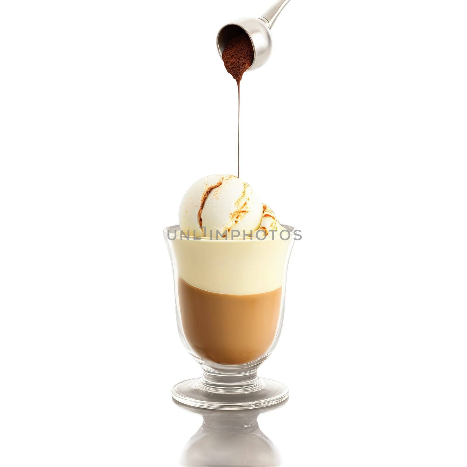 Affogato vanilla gelato scoop espresso stream pouring cocoa powder dusting isolated on transparent Food and. Food isolated on transparent background.