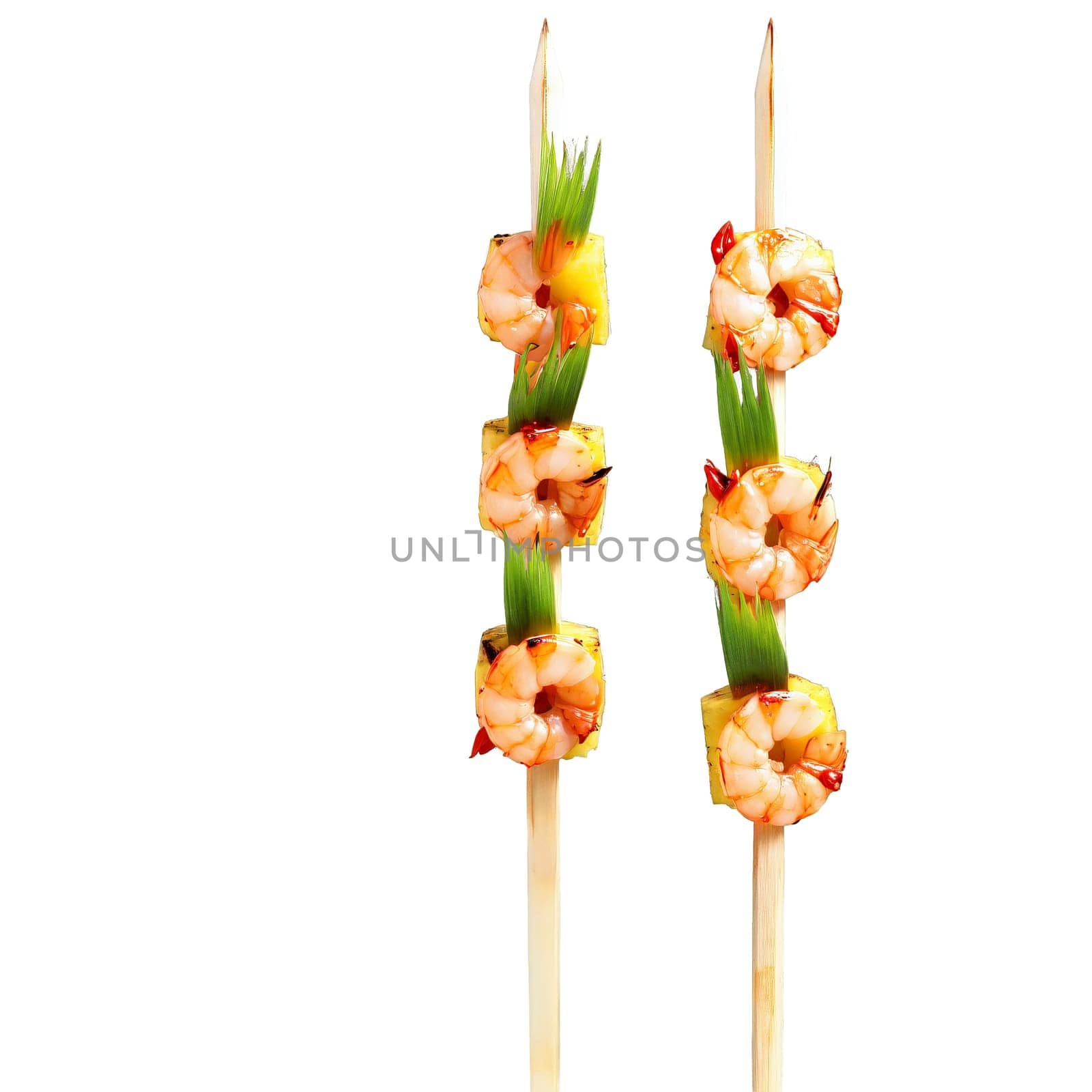 Grilled pineapple and shrimp skewers with a sweet chili sauce and scallions on clear skewers. close-up food, isolated on transparent background