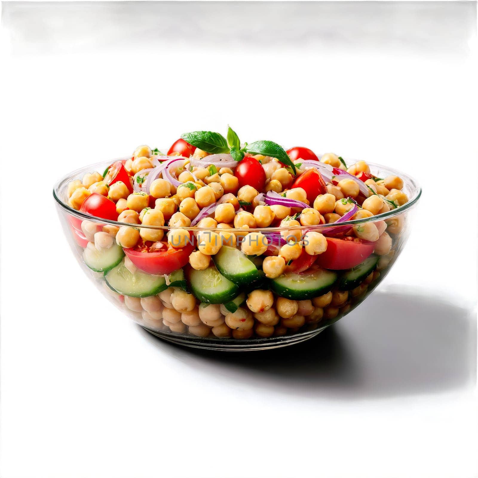 Chickpea salad with chickpeas diced red onion cucumber and tomatoes tossed in a tahini lemon. Food isolated on transparent background