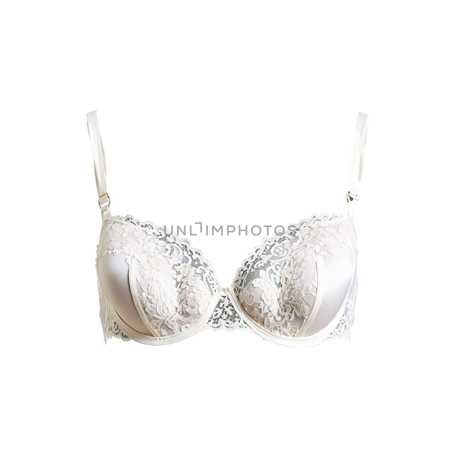 Elegant sheer lace demi bra drifting in the breeze delicate antique white timeless beauty. Woman lingerie isolated on transparent background.
