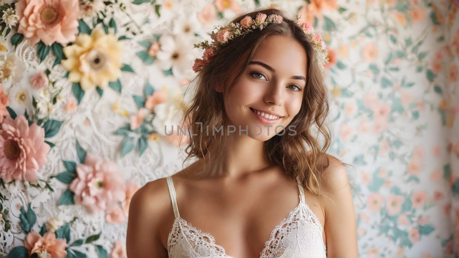Charming woman boho chic white lace bralette pastel floral studio backdrop candid smile.