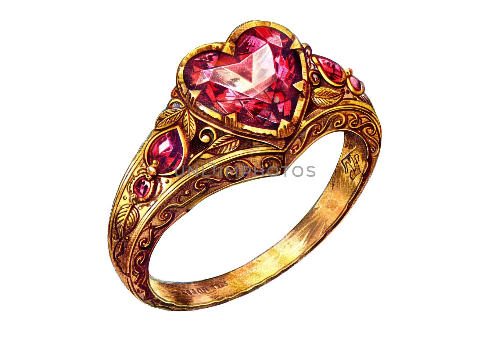 Vintage retro illustration of golden ring with a heart shaped stone in the centers