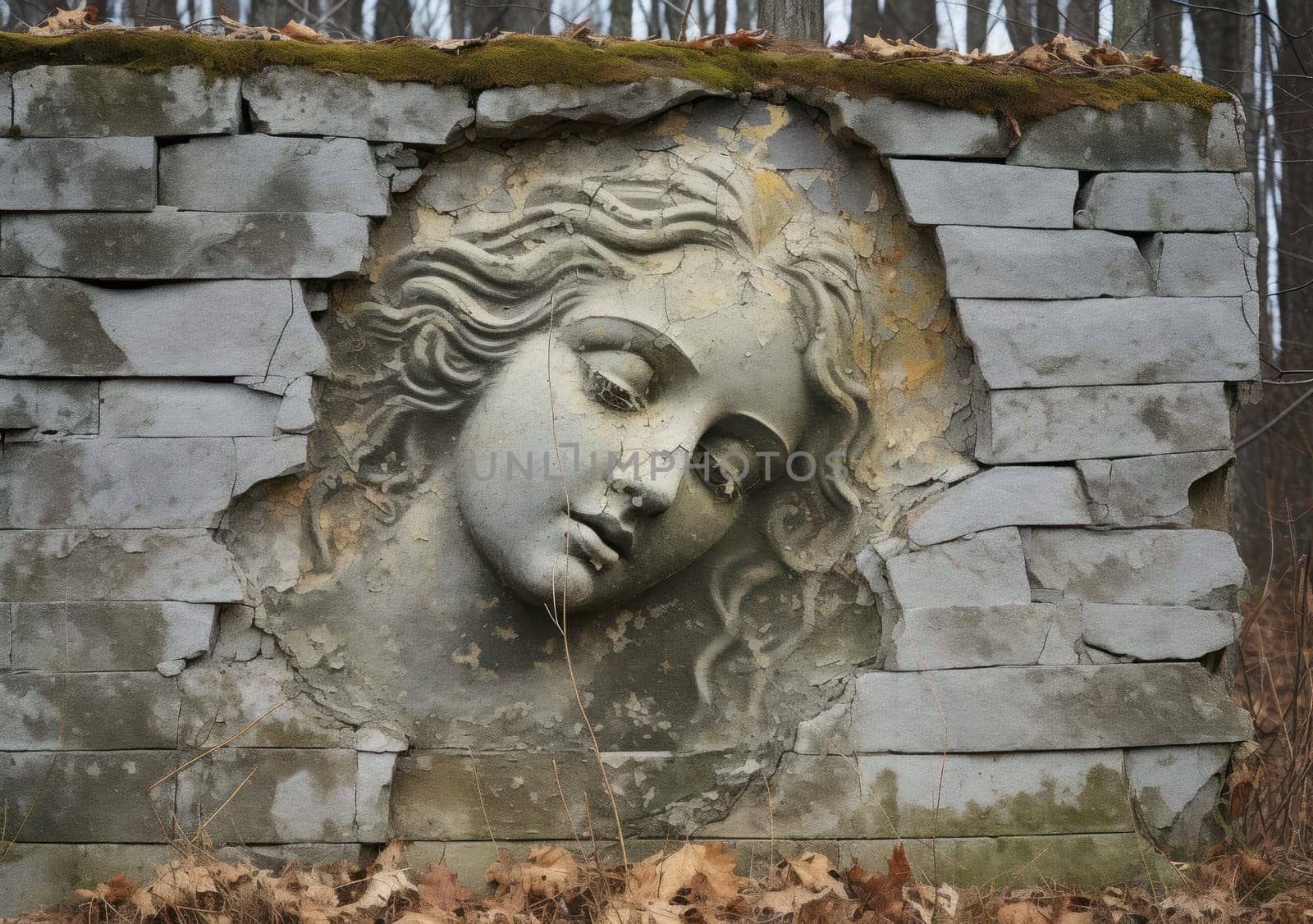 A serene angel's face is etched on a weathered wall, surrounded by crumbling paint and exposed brick
