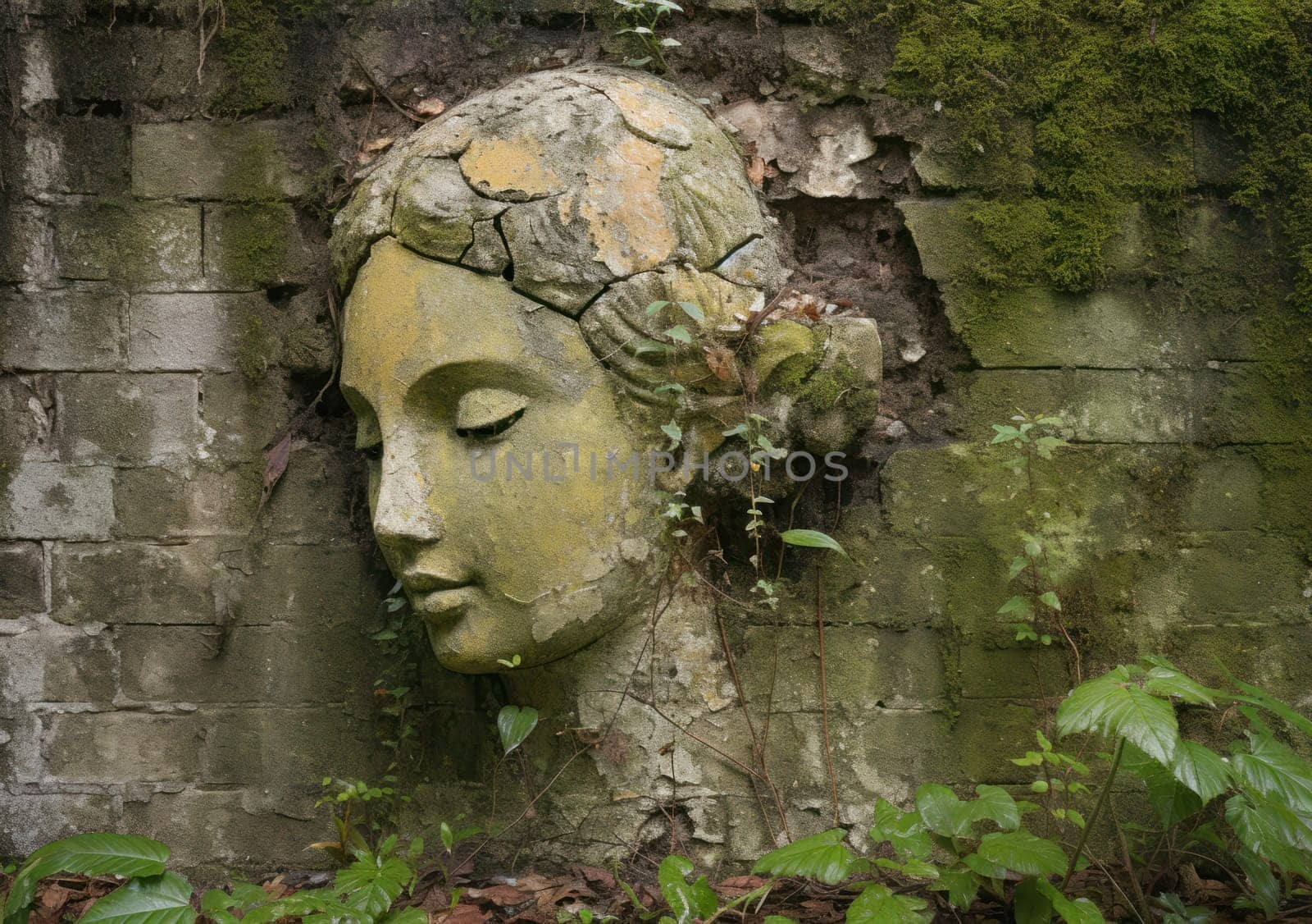 A serene angel's face is etched on a weathered wall, surrounded by crumbling paint and exposed brick