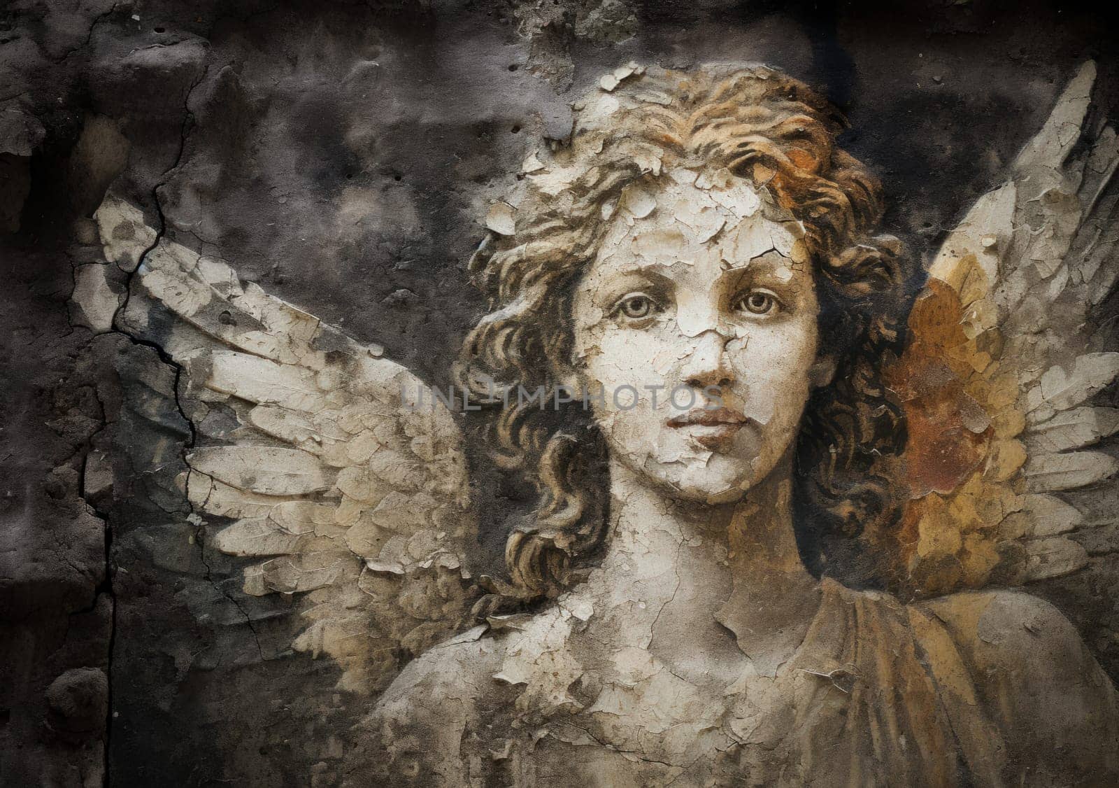 A serene angel's face is etched on a weathered wall, surrounded by crumbling paint and exposed brick