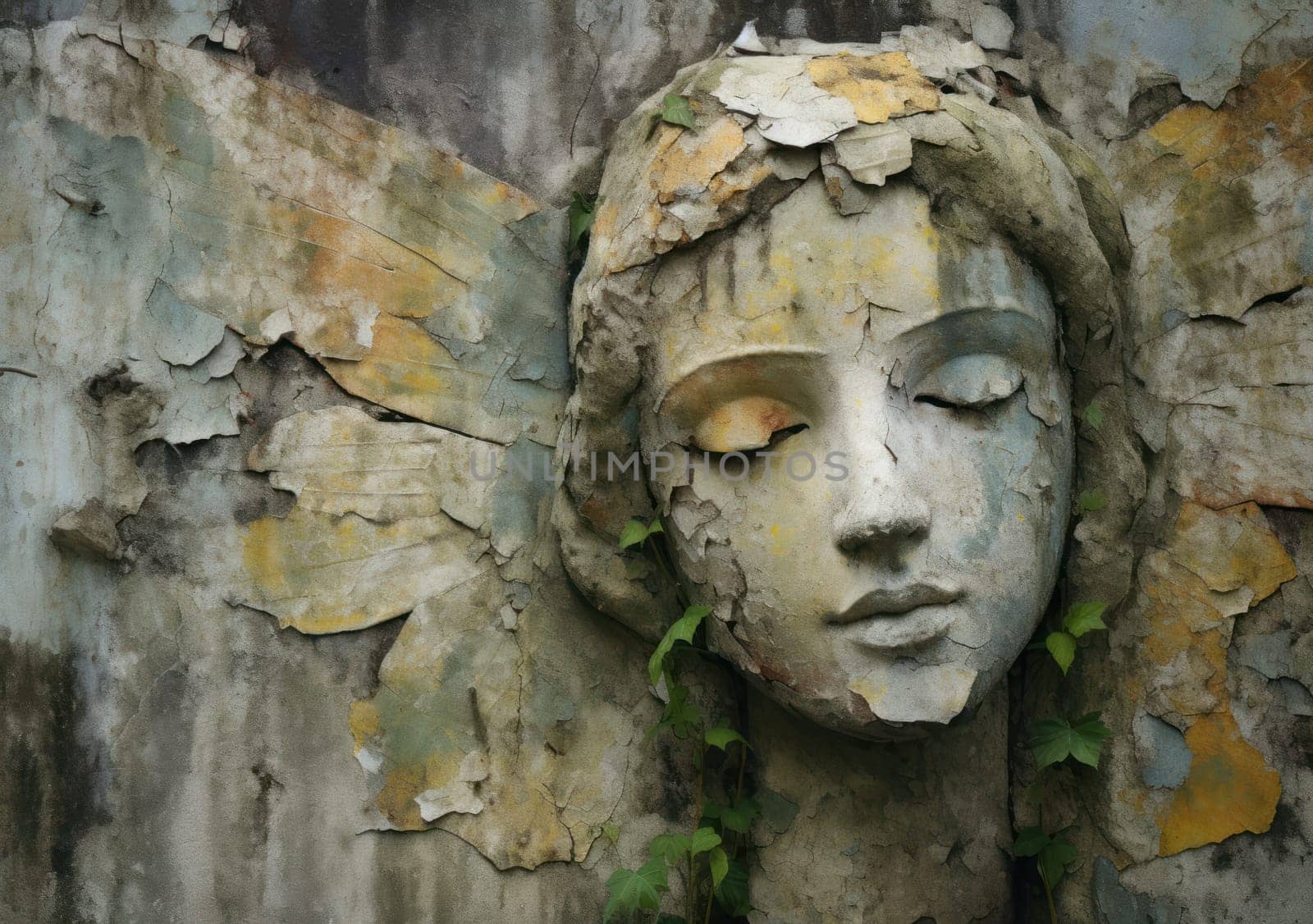 A serene angel's face is etched on a weathered wall, surrounded by crumbling paint and exposed brick