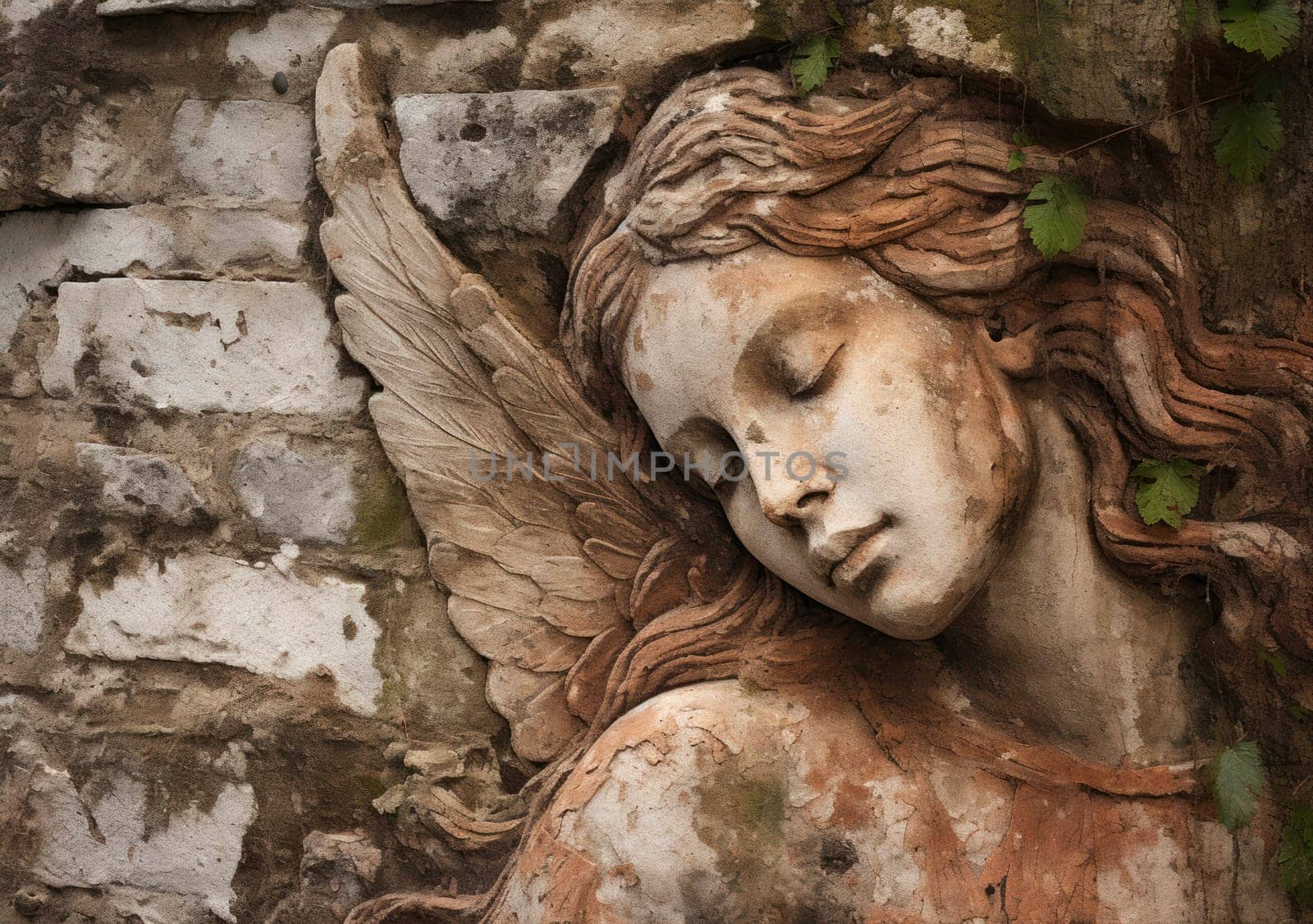 A serene angel's face is etched on a weathered wall, surrounded by crumbling paint and exposed brick